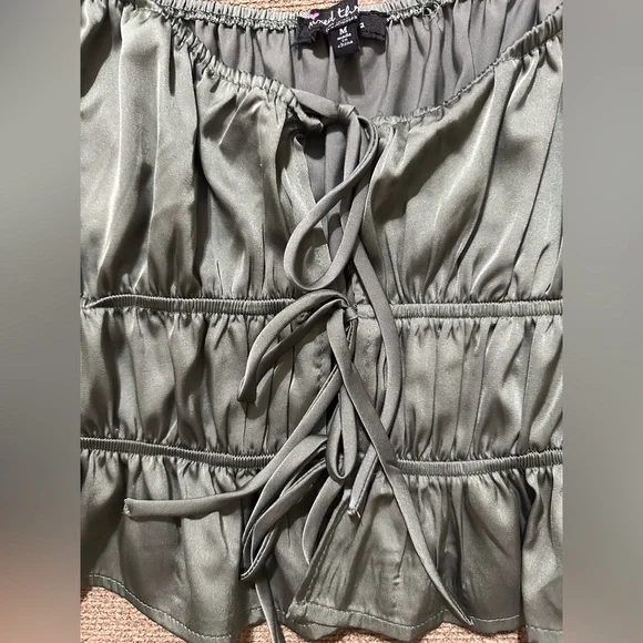 Mixed Threads Tie Front Square Neck Hunter Green Peasant Crop Blouse - Picture 10 of 13